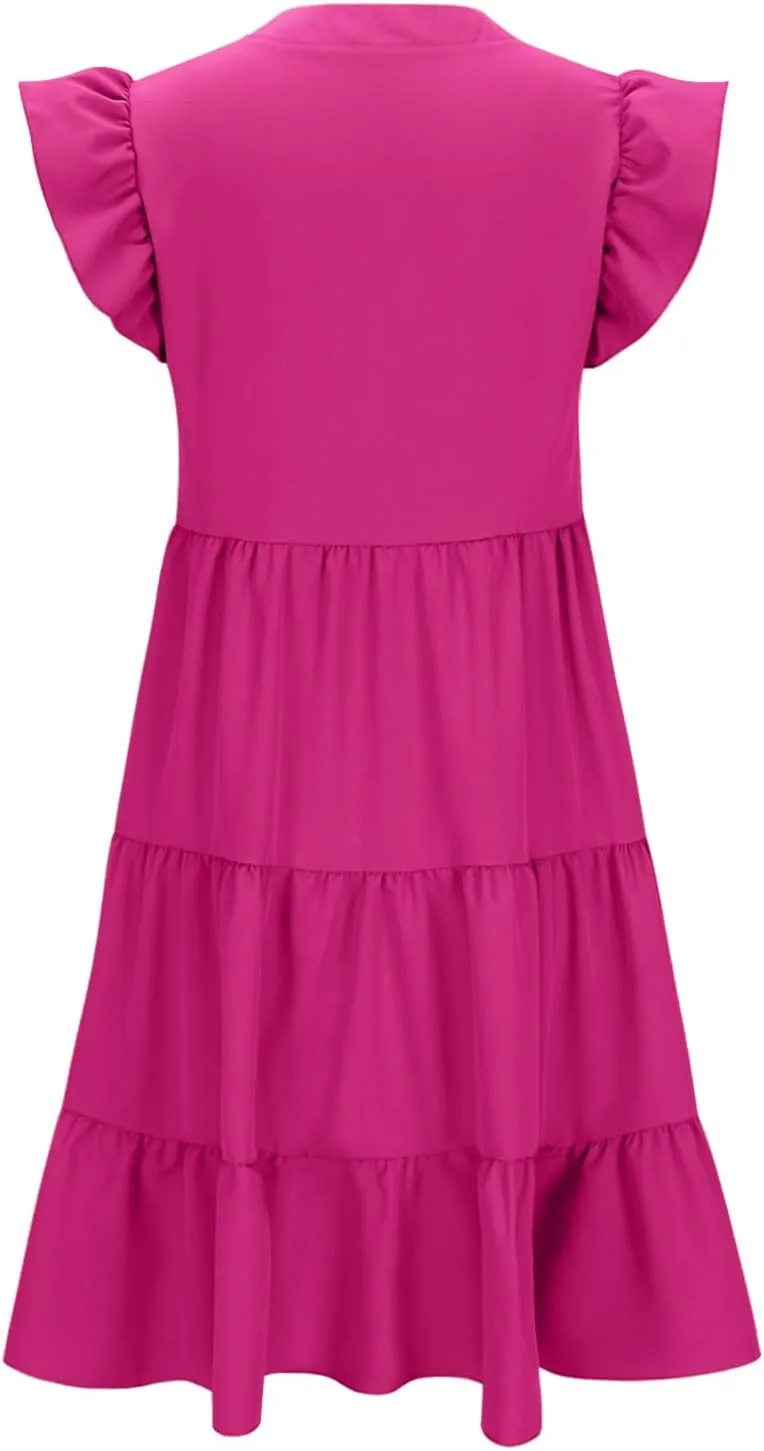 Women's Ruffle Short Sleeve Trendy Sun Dress Simple Solid Color Beach Dress Loose Casual Summer Dresses with Pockets