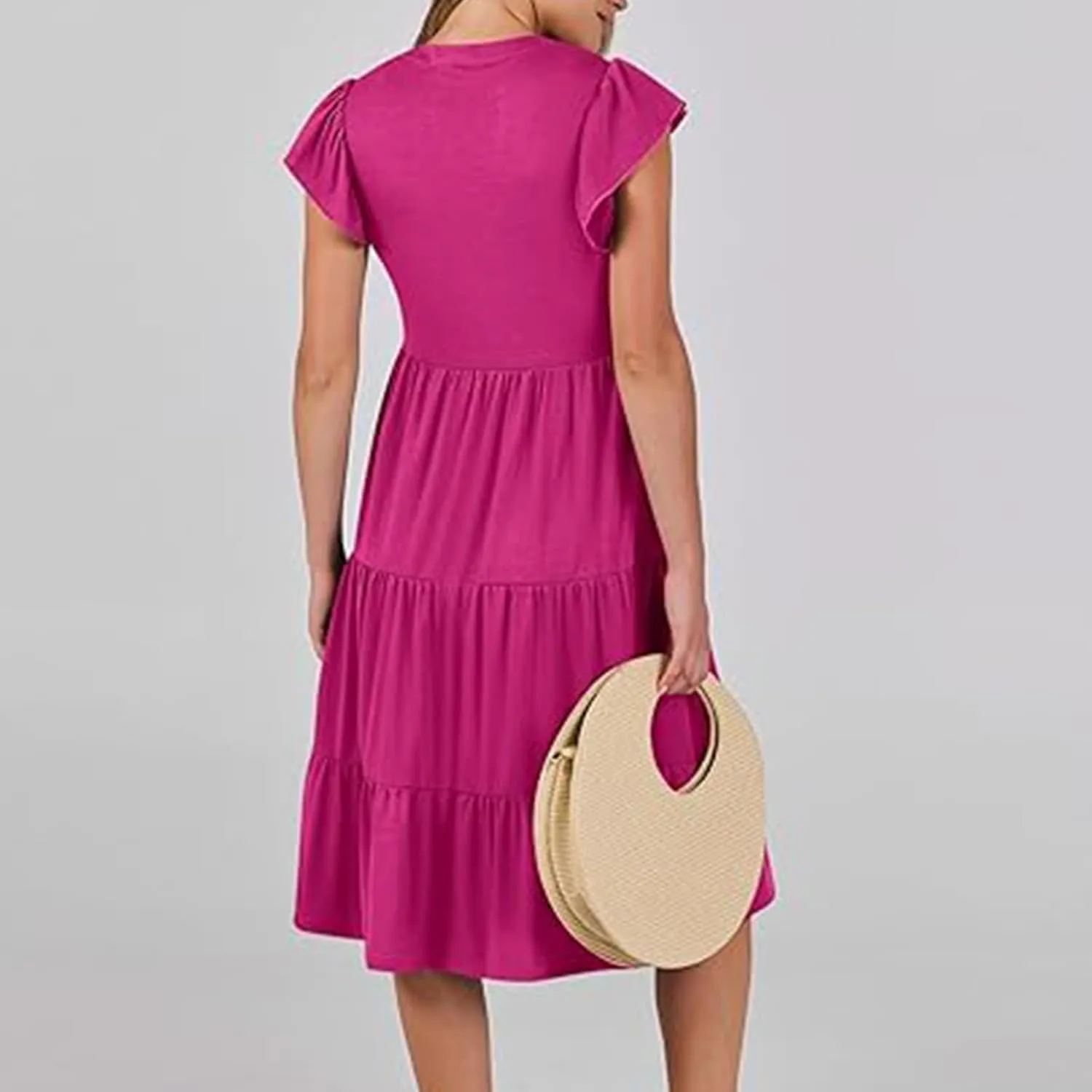 Women's Ruffle Short Sleeve Trendy Sun Dress Simple Solid Color Beach Dress Loose Casual Summer Dresses with Pockets