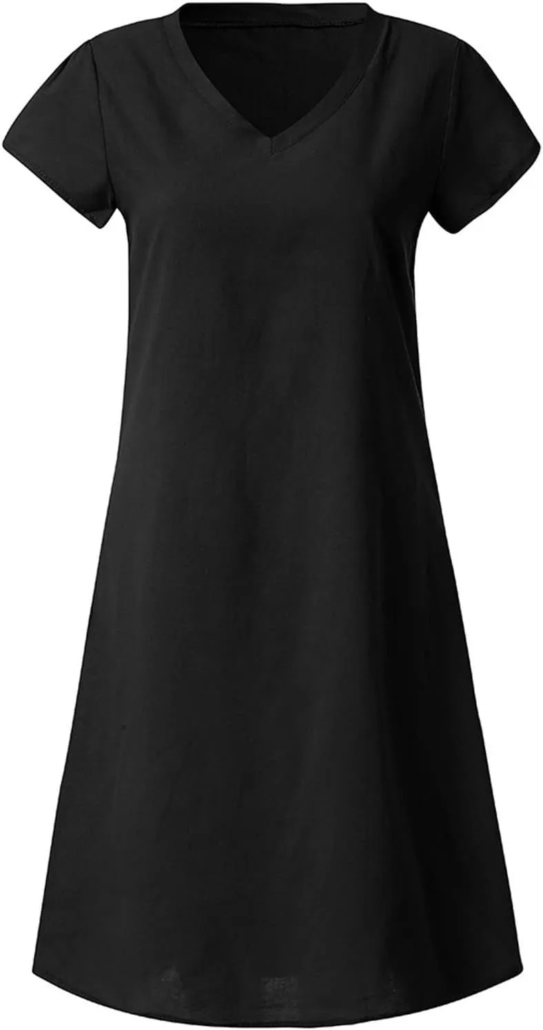 Womens Short Sleeve Cotton Linen Beach Dresses Simple Solid Color A Line Sundress V-Neck Loose Clothes