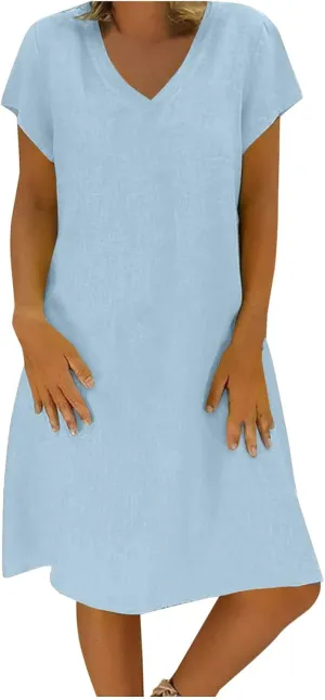 Womens Short Sleeve Cotton Linen Beach Dresses Simple Solid Color A Line Sundress V-Neck Loose Clothes