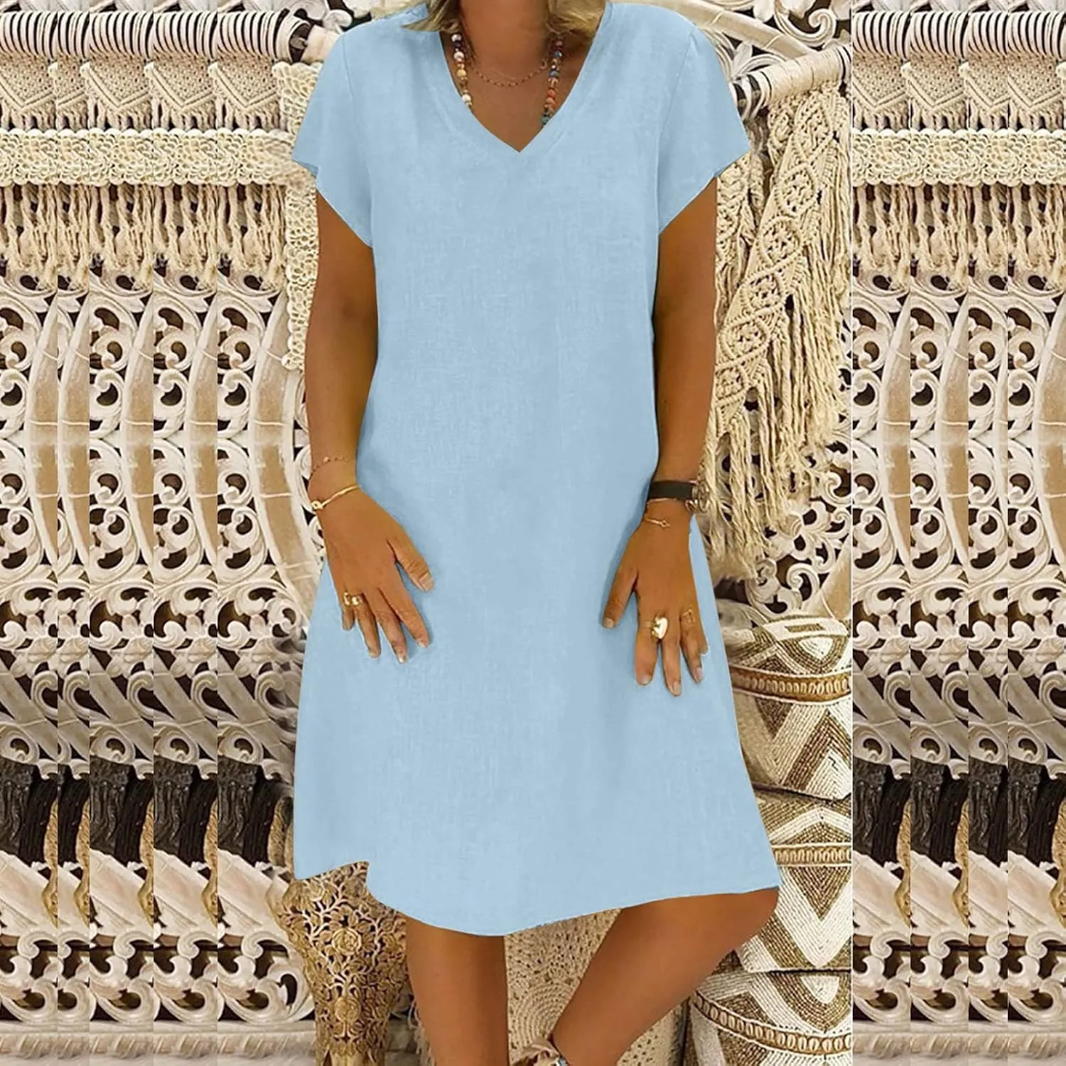 Womens Short Sleeve Cotton Linen Beach Dresses Simple Solid Color A Line Sundress V-Neck Loose Clothes