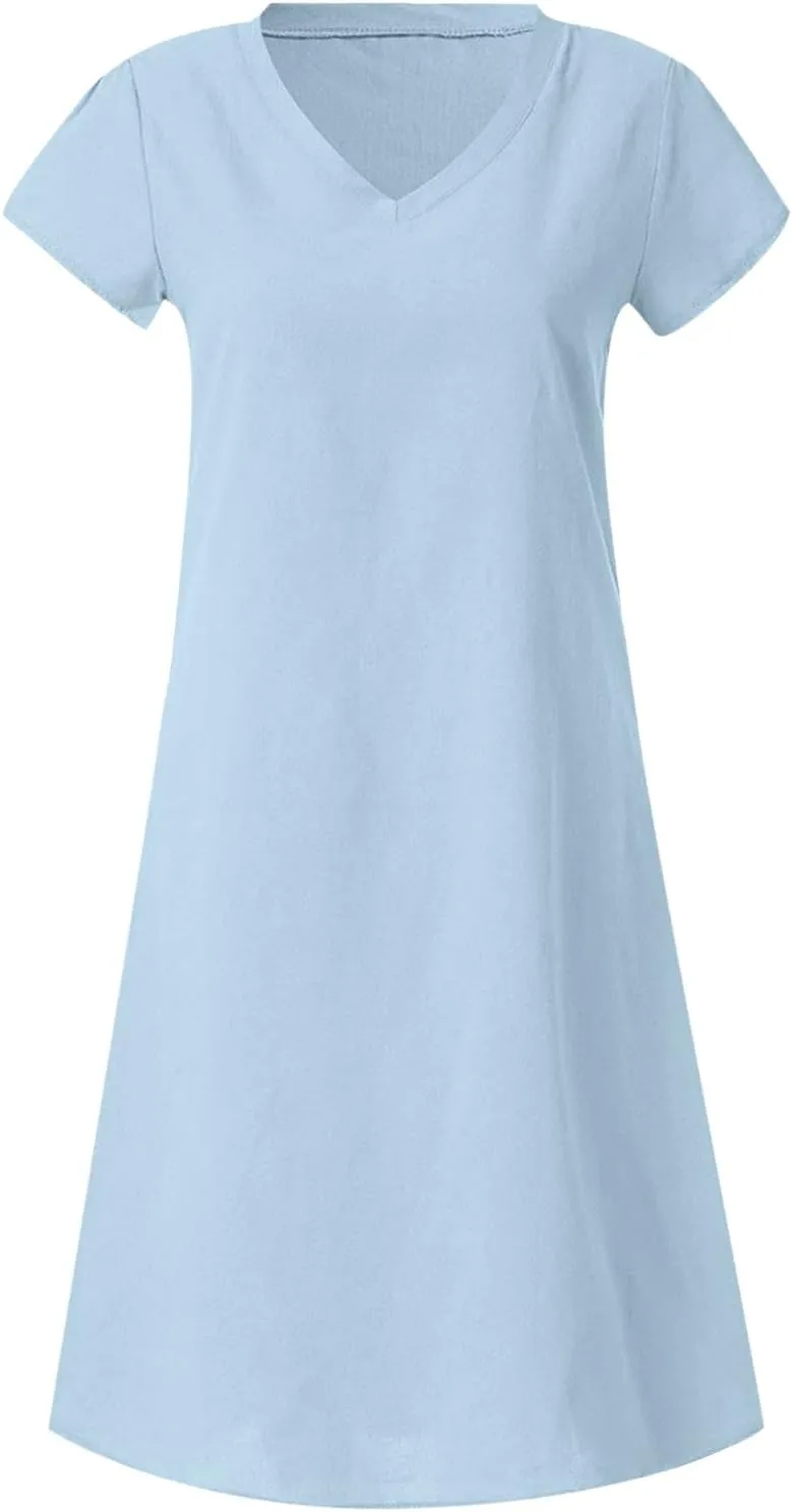Womens Short Sleeve Cotton Linen Beach Dresses Simple Solid Color A Line Sundress V-Neck Loose Clothes