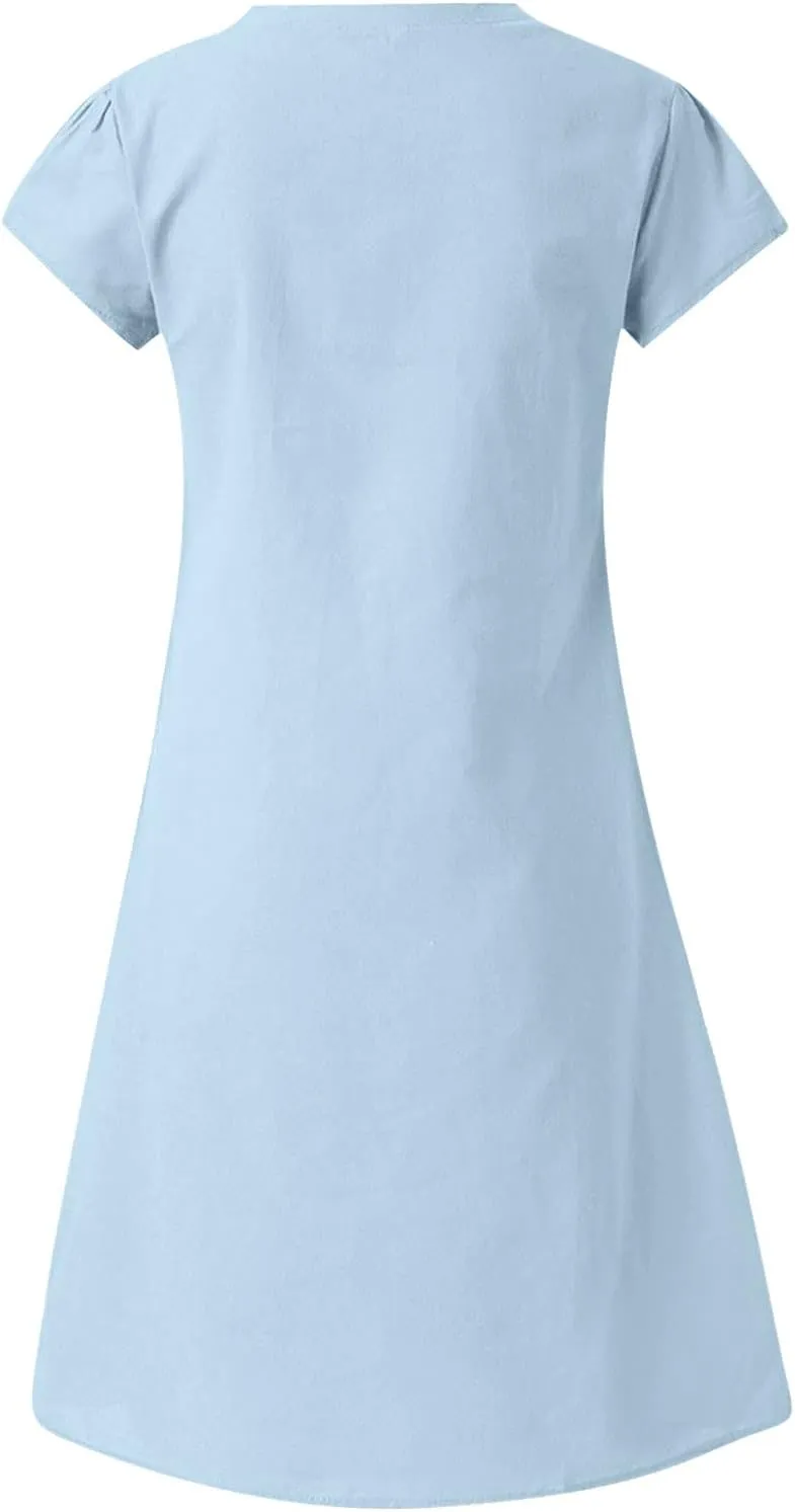 Womens Short Sleeve Cotton Linen Beach Dresses Simple Solid Color A Line Sundress V-Neck Loose Clothes