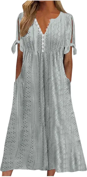 Women's Short Sleeve Eyelet Sundress Simple Solid Color Midi Dress Button Up Comfy Casual A Line Summer Dresses