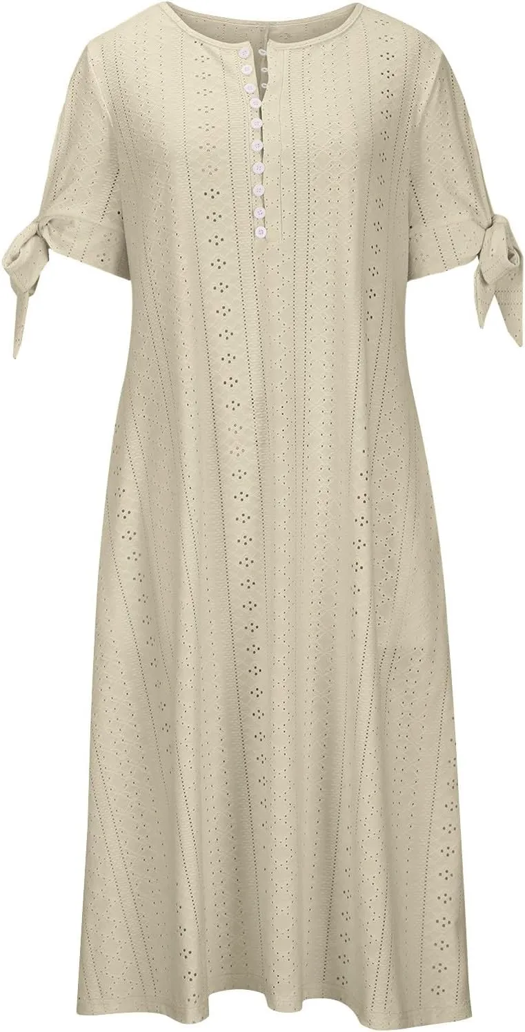 Women's Short Sleeve Eyelet Sundress Simple Solid Color Midi Dress Button Up Comfy Casual A Line Summer Dresses