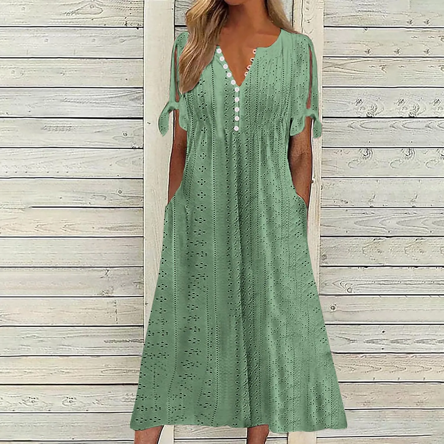 Women's Short Sleeve Eyelet Sundress Simple Solid Color Midi Dress Button Up Comfy Casual A Line Summer Dresses