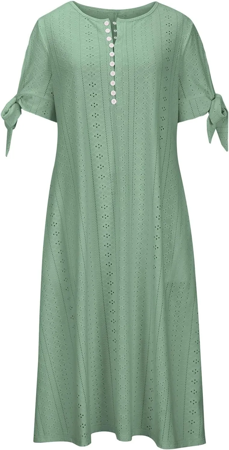 Women's Short Sleeve Eyelet Sundress Simple Solid Color Midi Dress Button Up Comfy Casual A Line Summer Dresses
