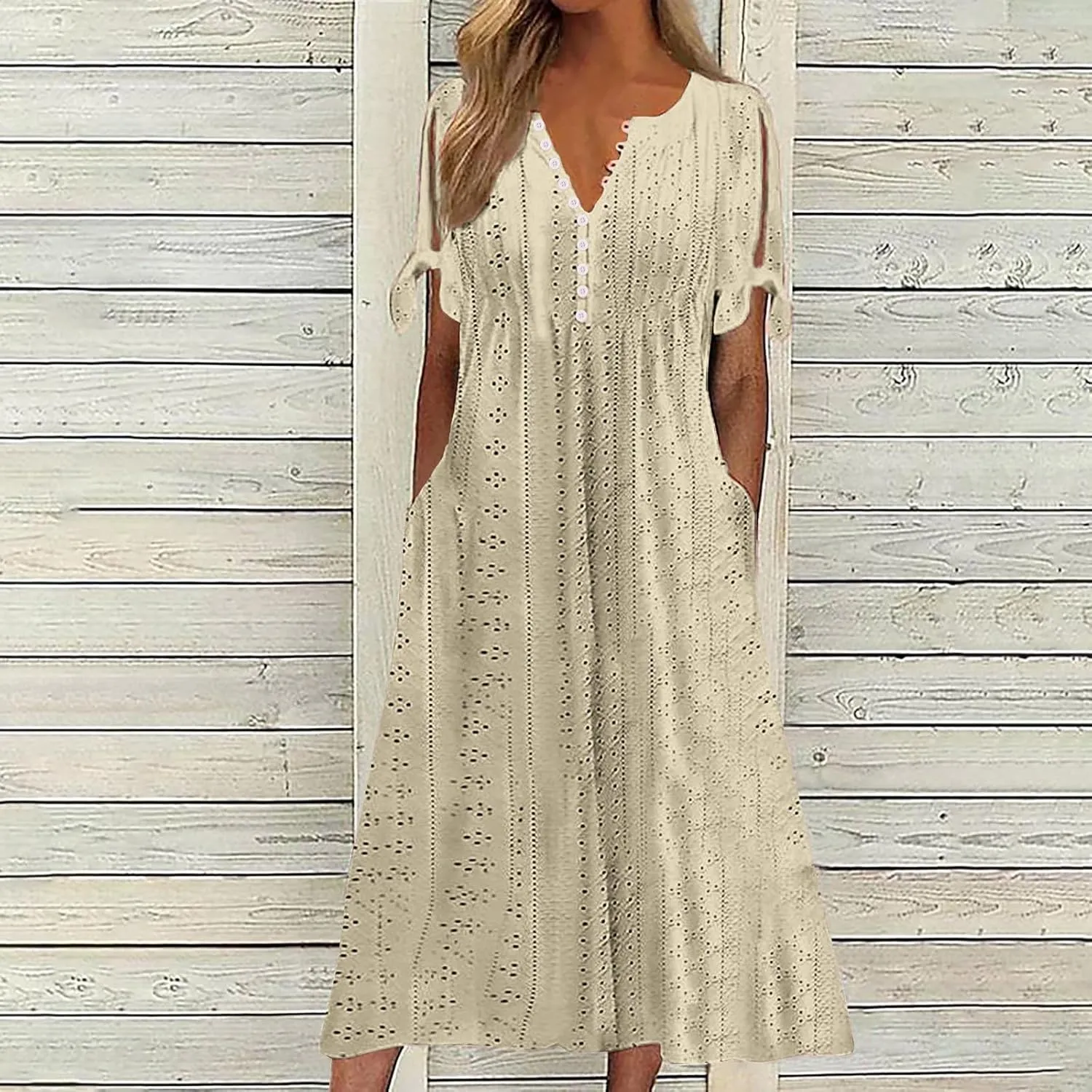 Women's Short Sleeve Eyelet Sundress Simple Solid Color Midi Dress Button Up Comfy Casual A Line Summer Dresses