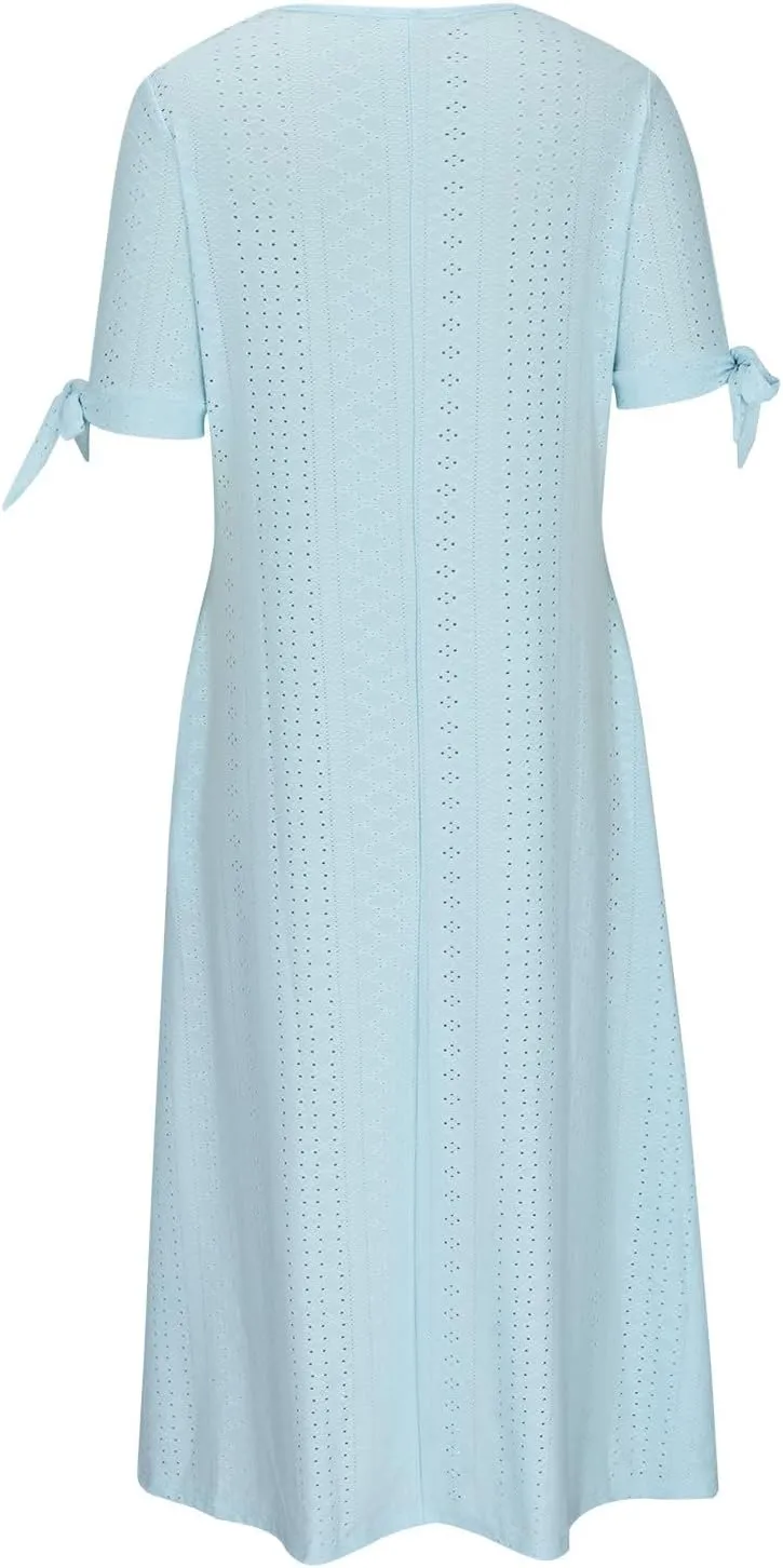 Women's Short Sleeve Eyelet Sundress Simple Solid Color Midi Dress Button Up Comfy Casual A Line Summer Dresses