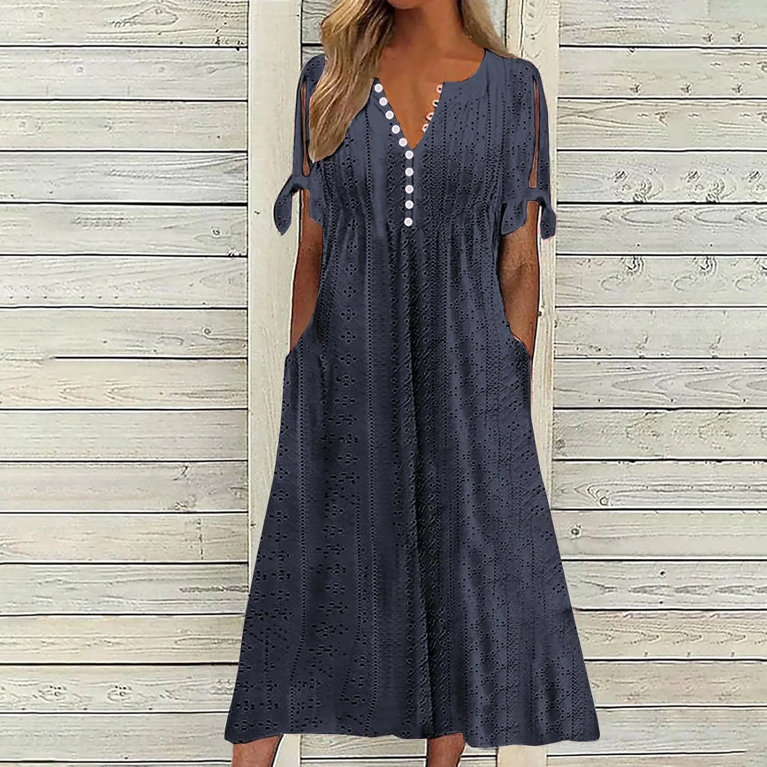 Women's Short Sleeve Eyelet Sundress Simple Solid Color Midi Dress Button Up Comfy Casual A Line Summer Dresses