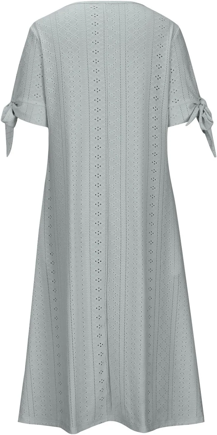 Women's Short Sleeve Eyelet Sundress Simple Solid Color Midi Dress Button Up Comfy Casual A Line Summer Dresses