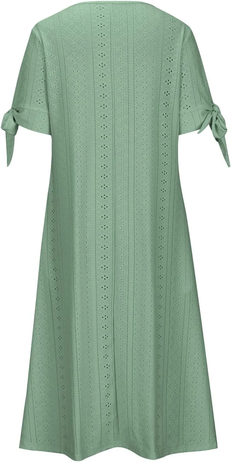 Women's Short Sleeve Eyelet Sundress Simple Solid Color Midi Dress Button Up Comfy Casual A Line Summer Dresses