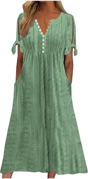 Women's Short Sleeve Eyelet Sundress Simple Solid Color Midi Dress Button Up Comfy Casual A Line Summer Dresses