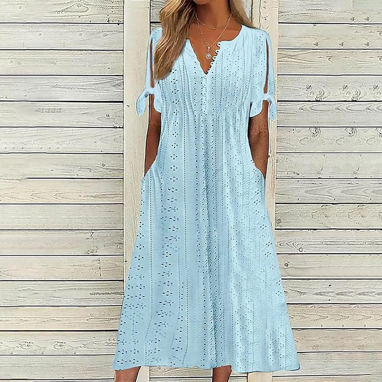Women's Short Sleeve Eyelet Sundress Simple Solid Color Midi Dress Button Up Comfy Casual A Line Summer Dresses