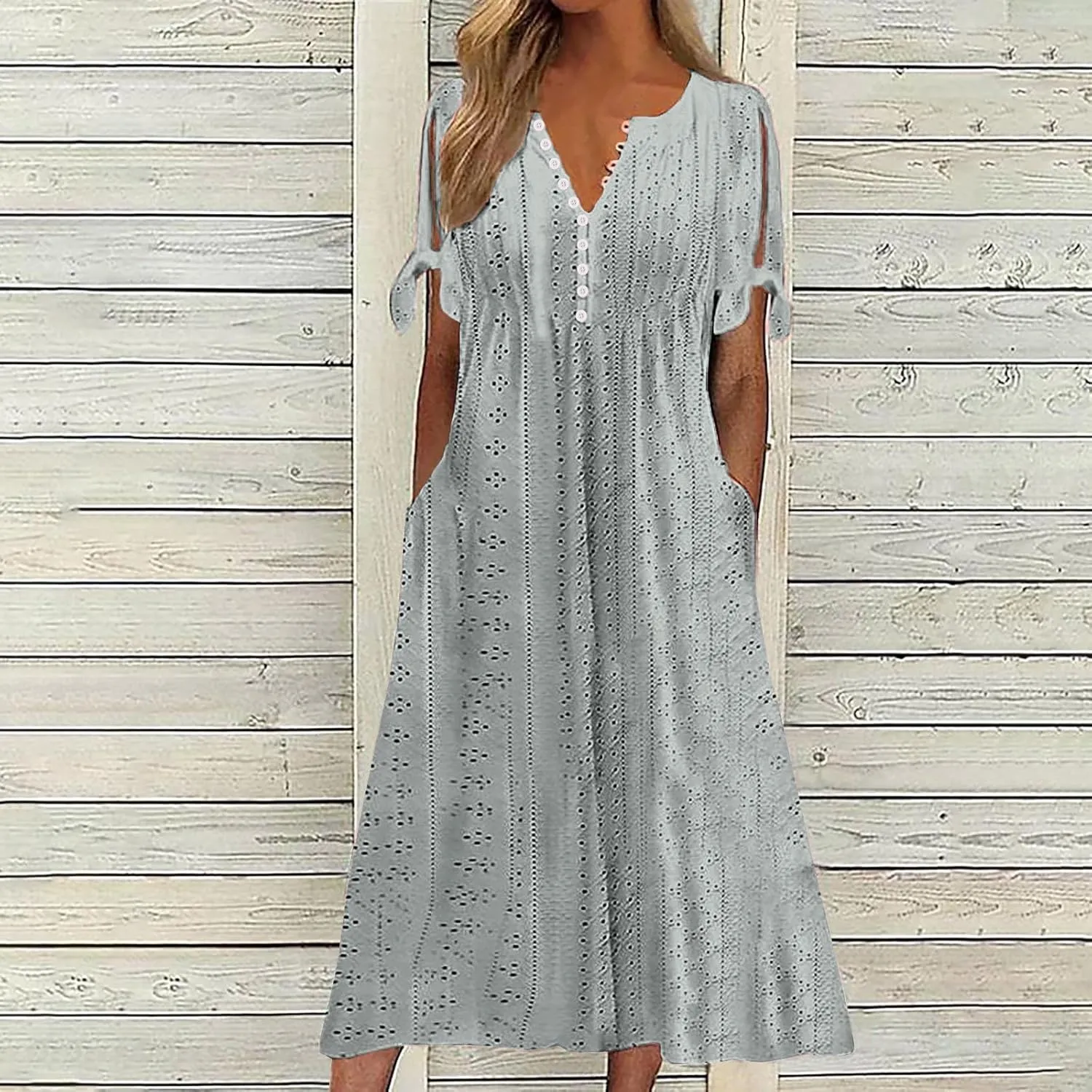 Women's Short Sleeve Eyelet Sundress Simple Solid Color Midi Dress Button Up Comfy Casual A Line Summer Dresses