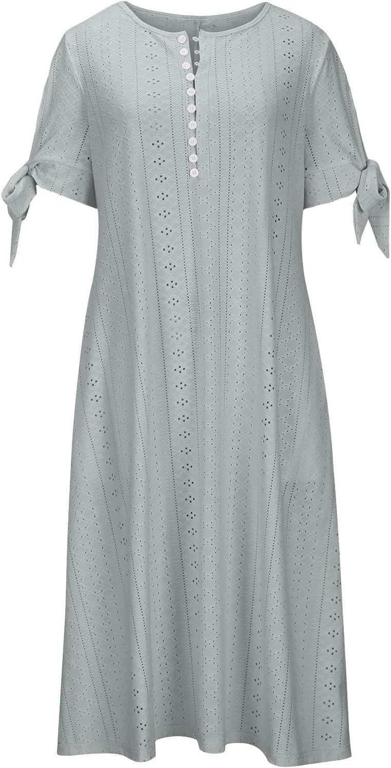 Women's Short Sleeve Eyelet Sundress Simple Solid Color Midi Dress Button Up Comfy Casual A Line Summer Dresses