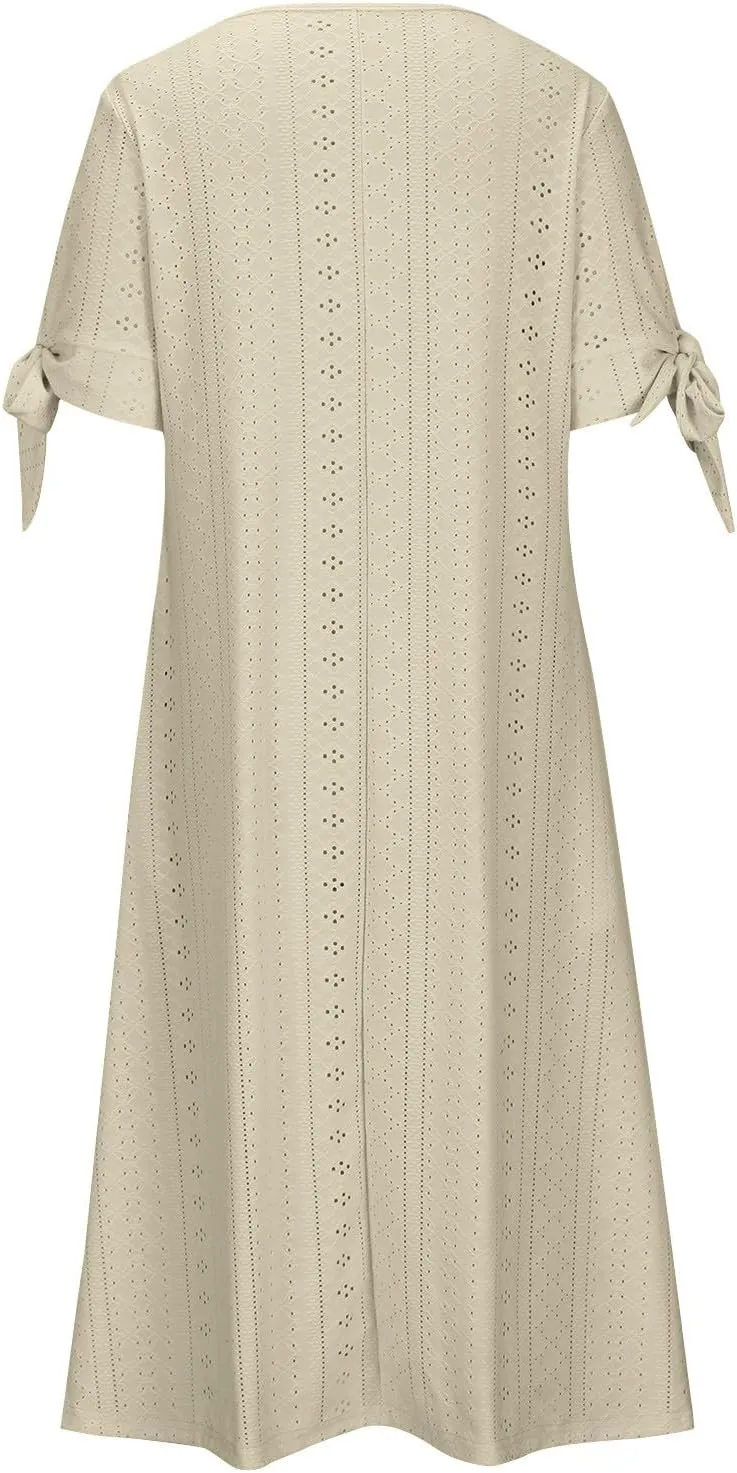 Women's Short Sleeve Eyelet Sundress Simple Solid Color Midi Dress Button Up Comfy Casual A Line Summer Dresses