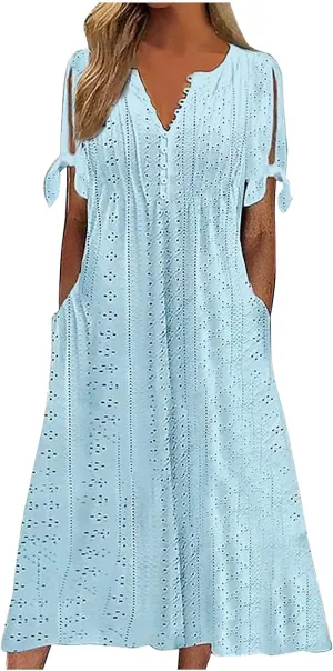 Women's Short Sleeve Eyelet Sundress Simple Solid Color Midi Dress Button Up Comfy Casual A Line Summer Dresses