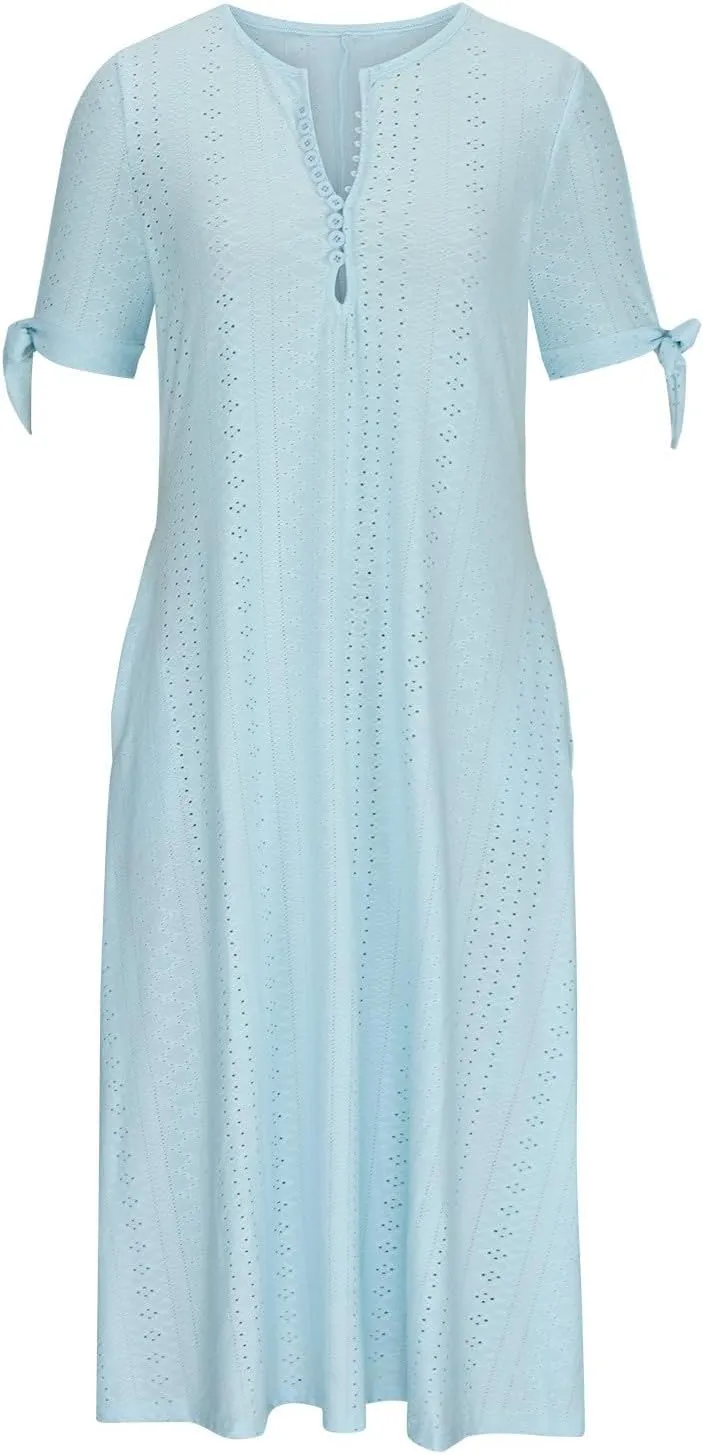 Women's Short Sleeve Eyelet Sundress Simple Solid Color Midi Dress Button Up Comfy Casual A Line Summer Dresses