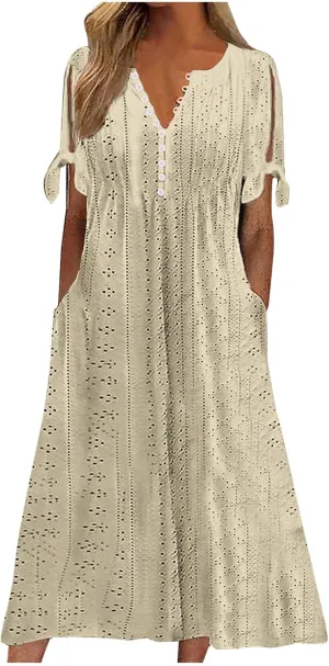 Women's Short Sleeve Eyelet Sundress Simple Solid Color Midi Dress Button Up Comfy Casual A Line Summer Dresses