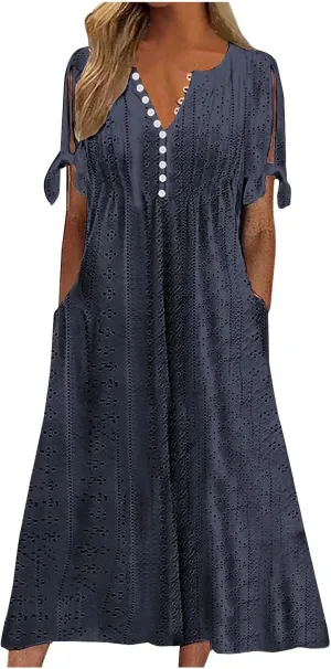 Women's Short Sleeve Eyelet Sundress Simple Solid Color Midi Dress Button Up Comfy Casual A Line Summer Dresses