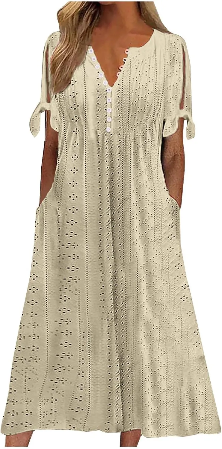 Women's Short Sleeve Eyelet Sundress Simple Solid Color Midi Dress Button Up Comfy Casual A Line Summer Dresses