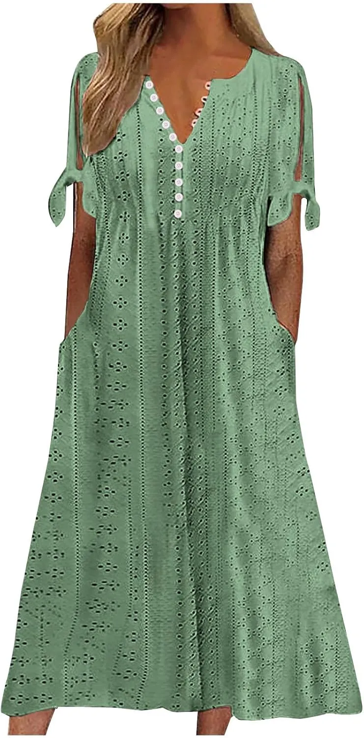 Women's Short Sleeve Eyelet Sundress Simple Solid Color Midi Dress Button Up Comfy Casual A Line Summer Dresses
