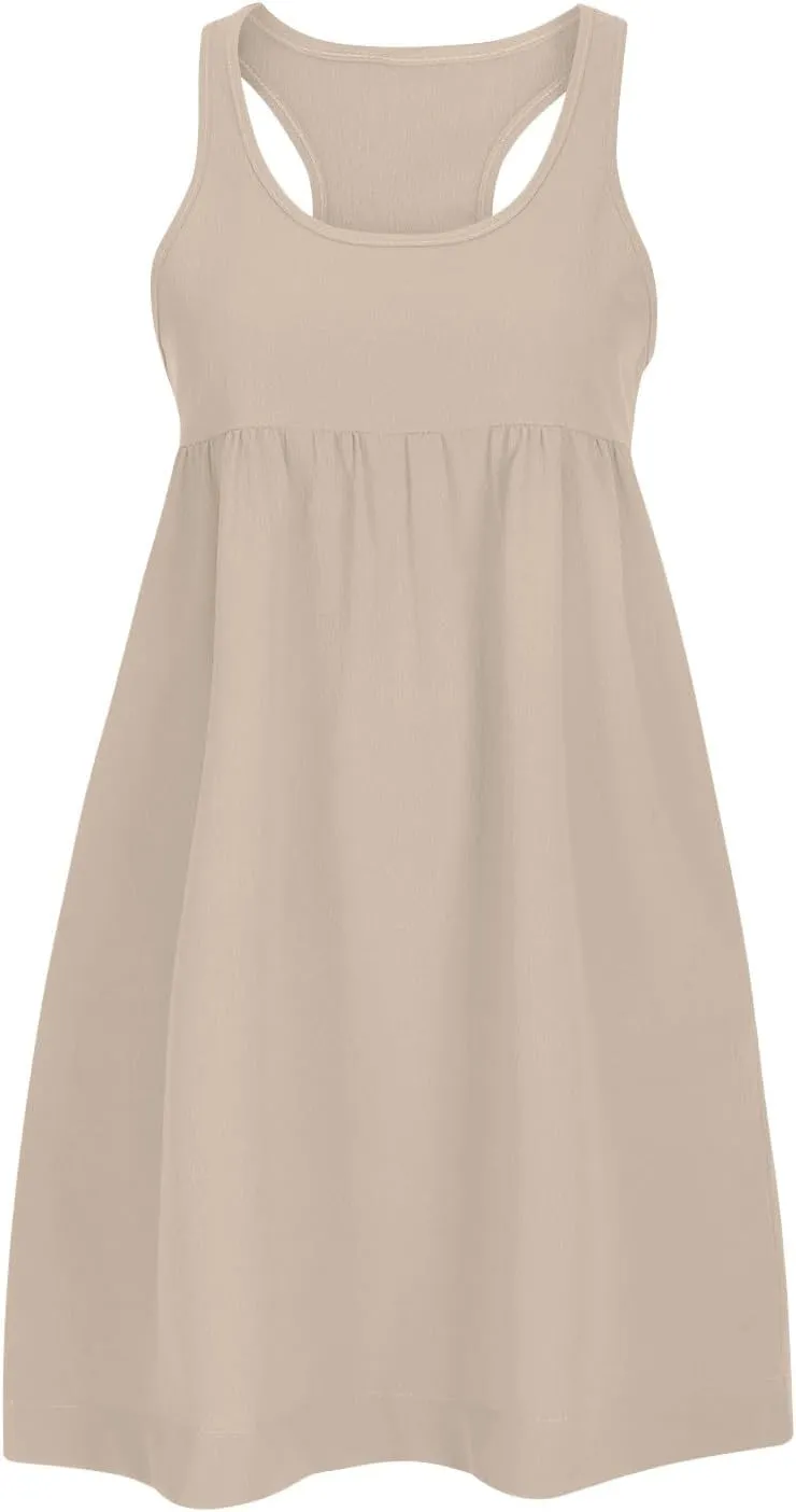 Women's Sleeveless Loose Beach Dress Simple Solid Color Sundress Crewneck Casual Fashion Sport Dress
