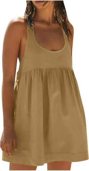 Women's Sleeveless Loose Beach Dress Simple Solid Color Sundress Crewneck Casual Fashion Sport Dress