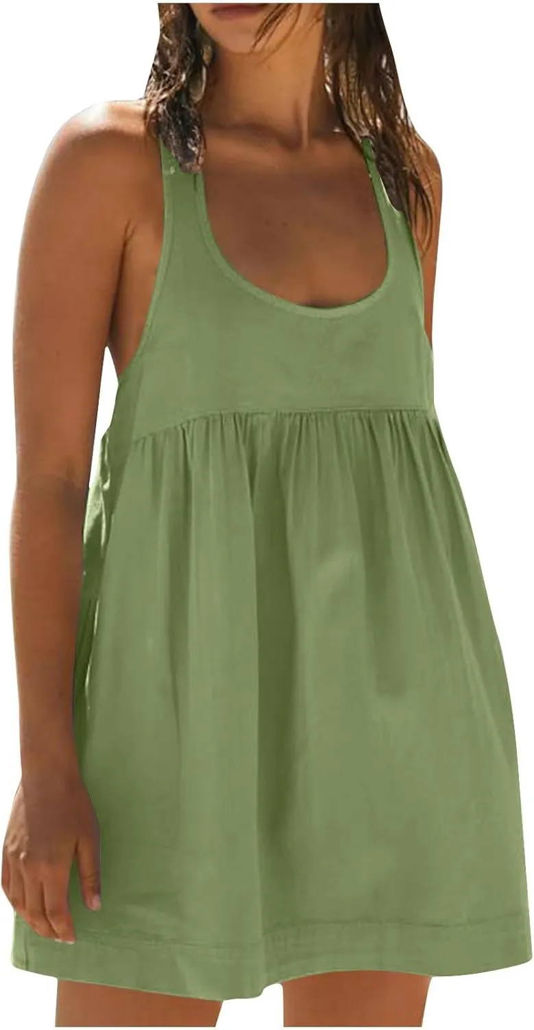Women's Sleeveless Loose Beach Dress Simple Solid Color Sundress Crewneck Casual Fashion Sport Dress