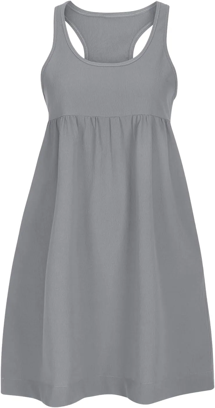 Women's Sleeveless Loose Beach Dress Simple Solid Color Sundress Crewneck Casual Fashion Sport Dress