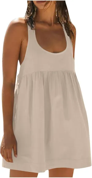 Women's Sleeveless Loose Beach Dress Simple Solid Color Sundress Crewneck Casual Fashion Sport Dress