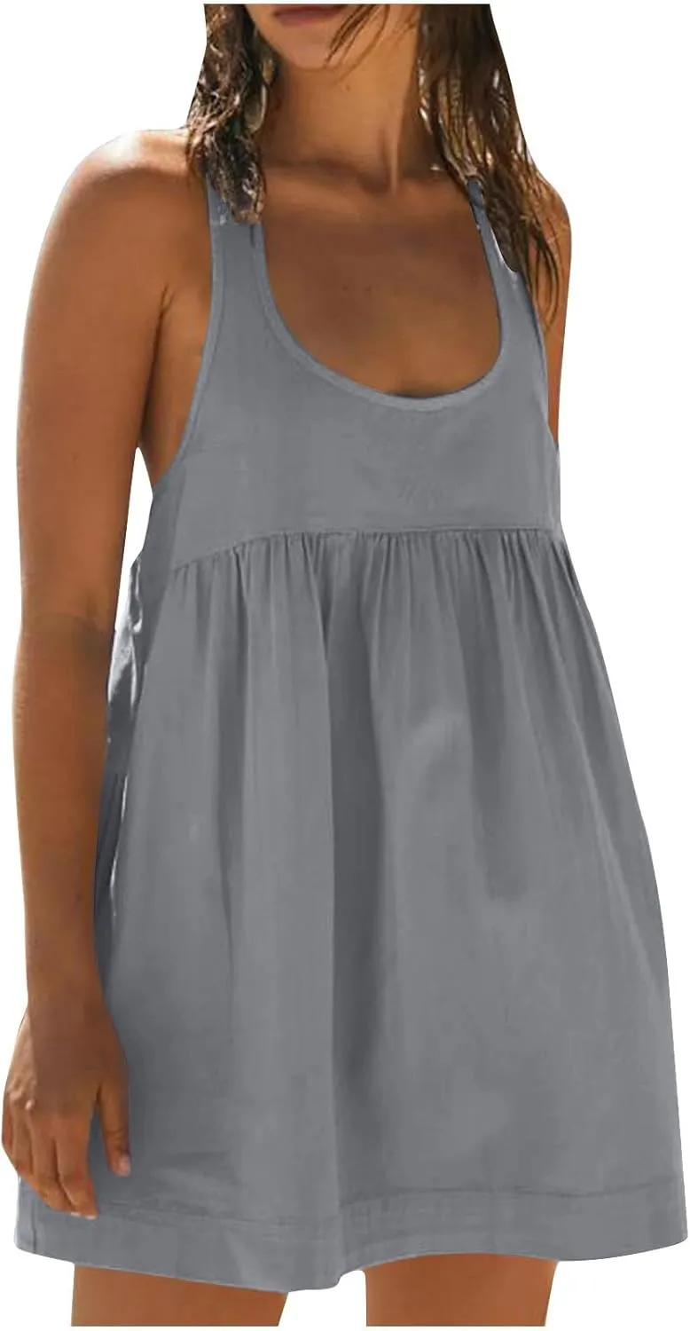 Women's Sleeveless Loose Beach Dress Simple Solid Color Sundress Crewneck Casual Fashion Sport Dress