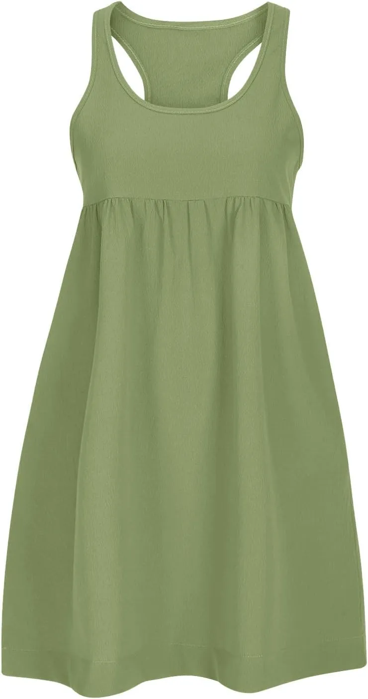 Women's Sleeveless Loose Beach Dress Simple Solid Color Sundress Crewneck Casual Fashion Sport Dress