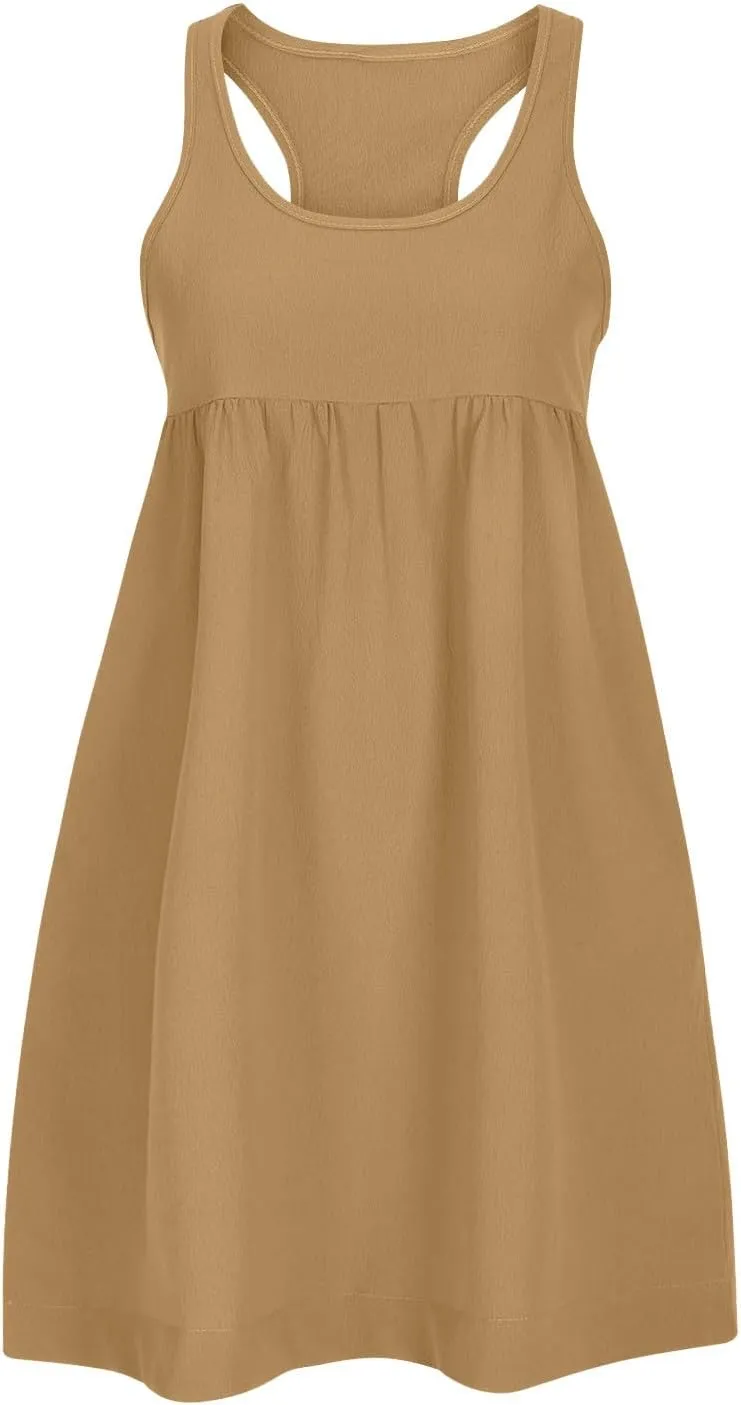 Women's Sleeveless Loose Beach Dress Simple Solid Color Sundress Crewneck Casual Fashion Sport Dress