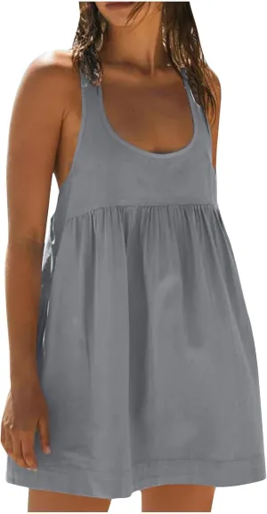 Women's Sleeveless Loose Beach Dress Simple Solid Color Sundress Crewneck Casual Fashion Sport Dress