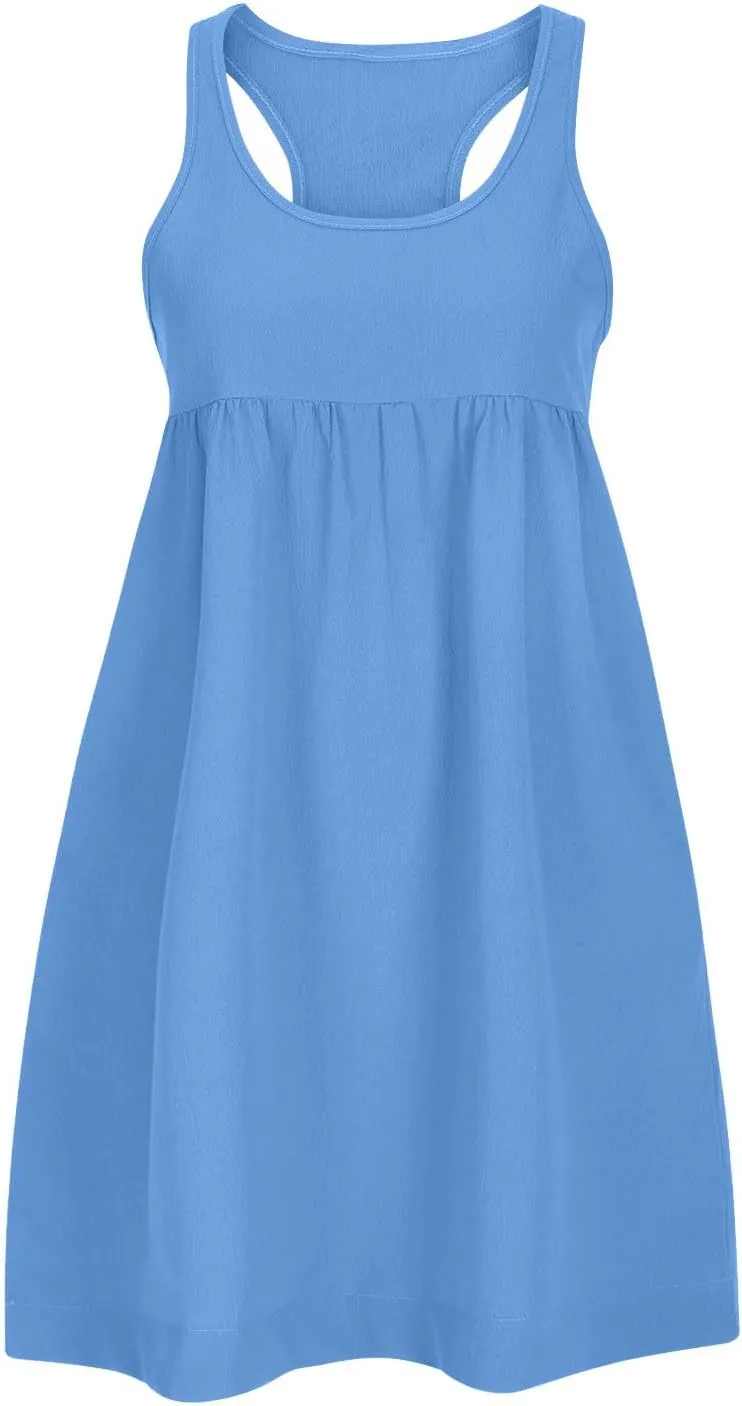 Women's Sleeveless Loose Beach Dress Simple Solid Color Sundress Crewneck Casual Fashion Sport Dress