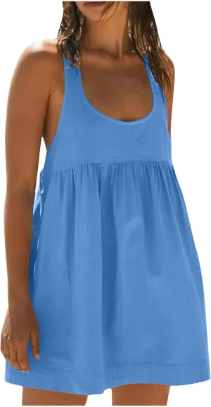 Women's Sleeveless Loose Beach Dress Simple Solid Color Sundress Crewneck Casual Fashion Sport Dress