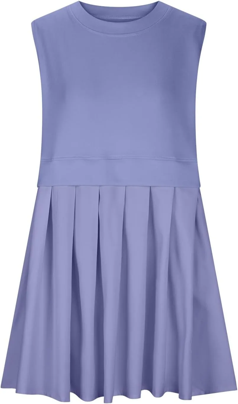 Womens Sleeveless Loose Beach Dress Simple Solid Color Sundresses Casual Crewneck Fashion 2024 Tank Dress