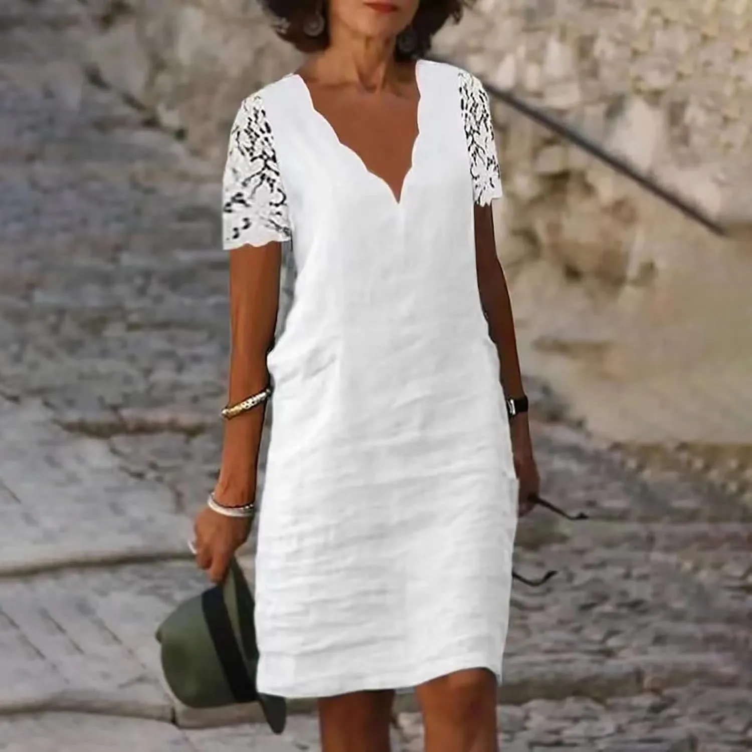 Women's Summer Casual Halter Dress Cotton Linen Dresses Crochet Hollow Out A-line Plain Simple Beach Shift Sundresses
