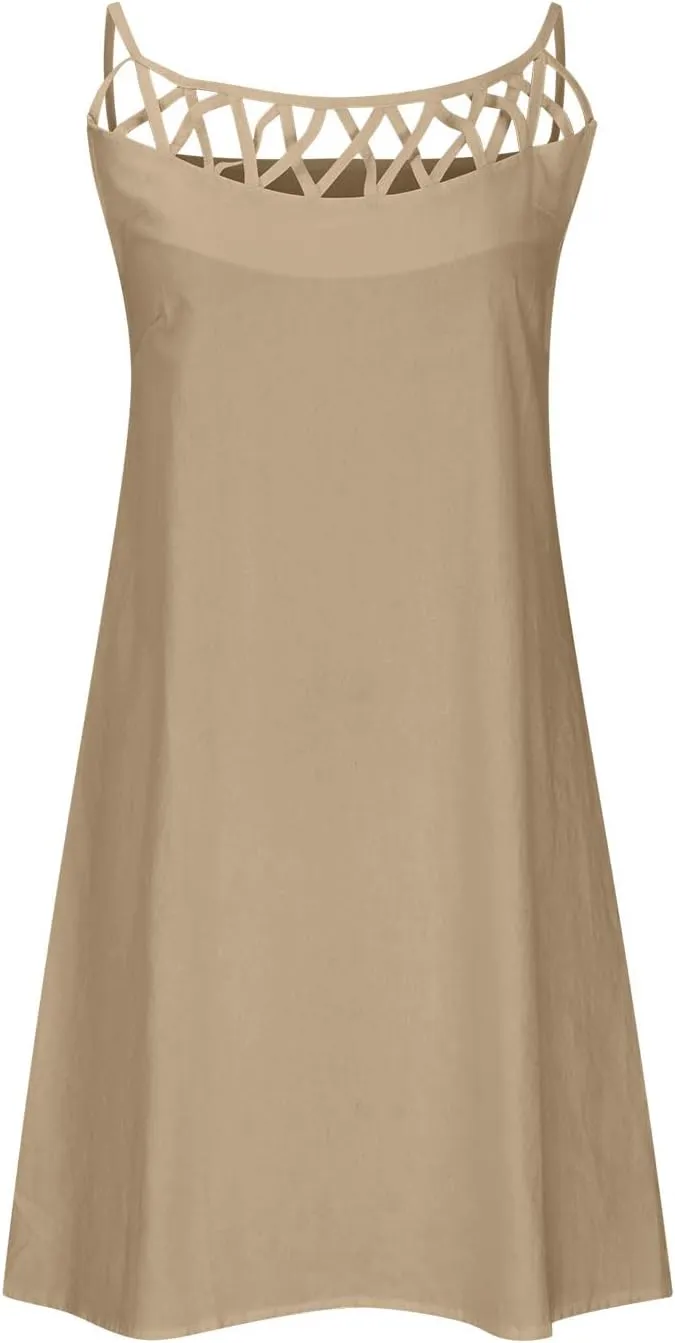Women's Summer Casual Halter Dress Cotton Linen Dresses Crochet Hollow Out A-line Plain Simple Beach Shift Sundresses