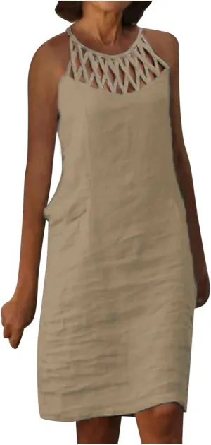 Women's Summer Casual Halter Dress Cotton Linen Dresses Crochet Hollow Out A-line Plain Simple Beach Shift Sundresses