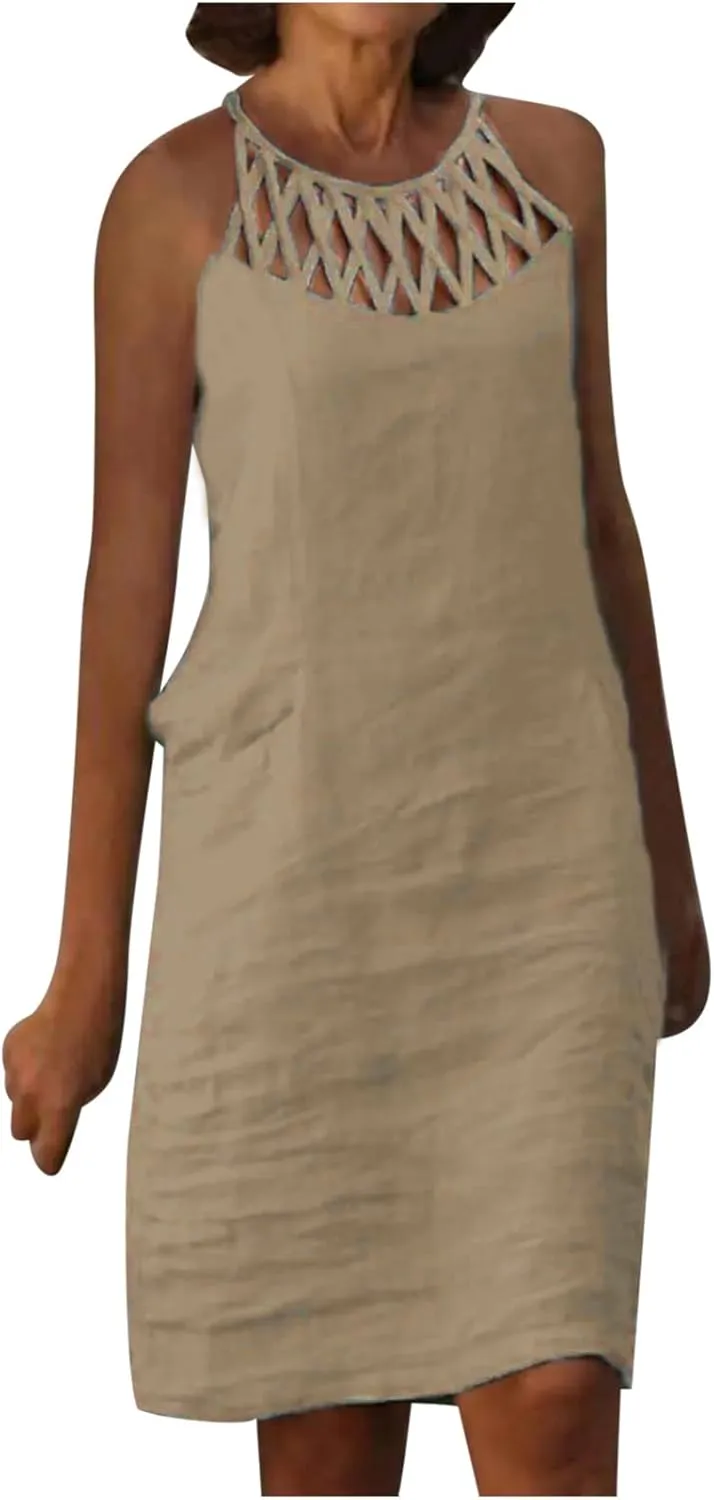 Women's Summer Casual Halter Dress Cotton Linen Dresses Crochet Hollow Out A-line Plain Simple Beach Shift Sundresses