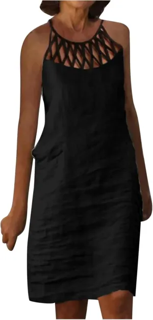 Women's Summer Casual Halter Dress Cotton Linen Dresses Crochet Hollow Out A-line Plain Simple Beach Shift Sundresses