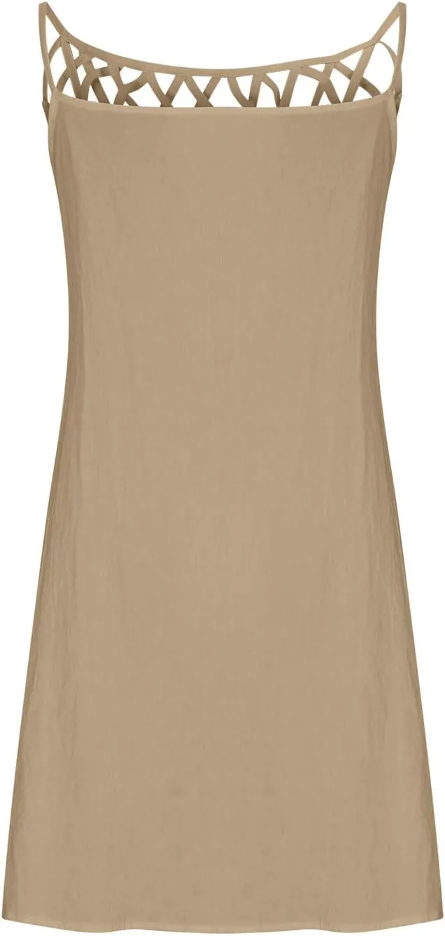 Women's Summer Casual Halter Dress Cotton Linen Dresses Crochet Hollow Out A-line Plain Simple Beach Shift Sundresses