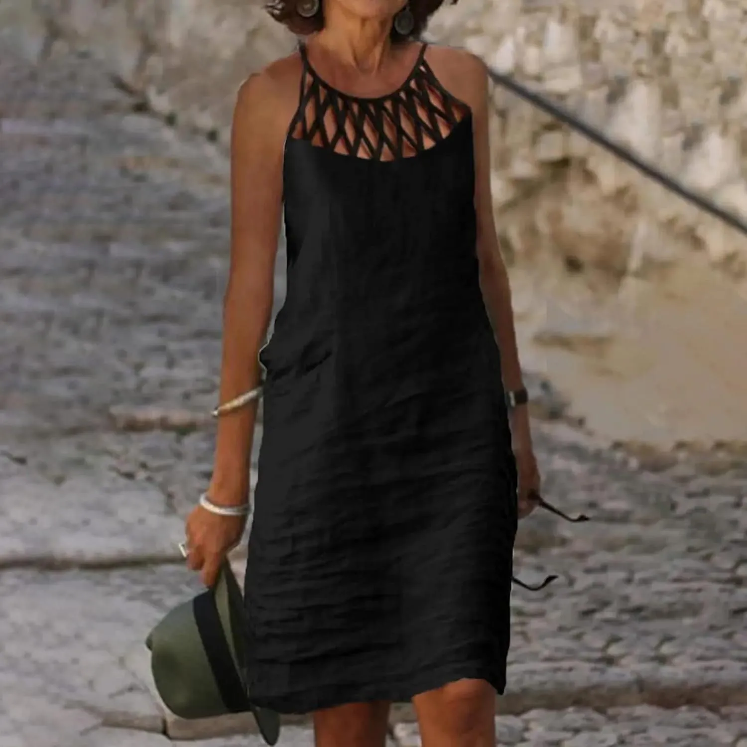 Women's Summer Casual Halter Dress Cotton Linen Dresses Crochet Hollow Out A-line Plain Simple Beach Shift Sundresses