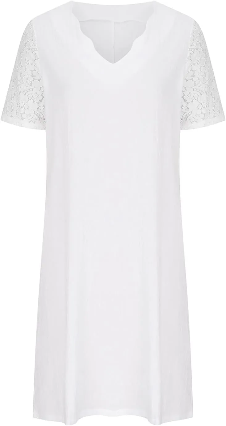 Women's Summer Casual Halter Dress Cotton Linen Dresses Crochet Hollow Out A-line Plain Simple Beach Shift Sundresses
