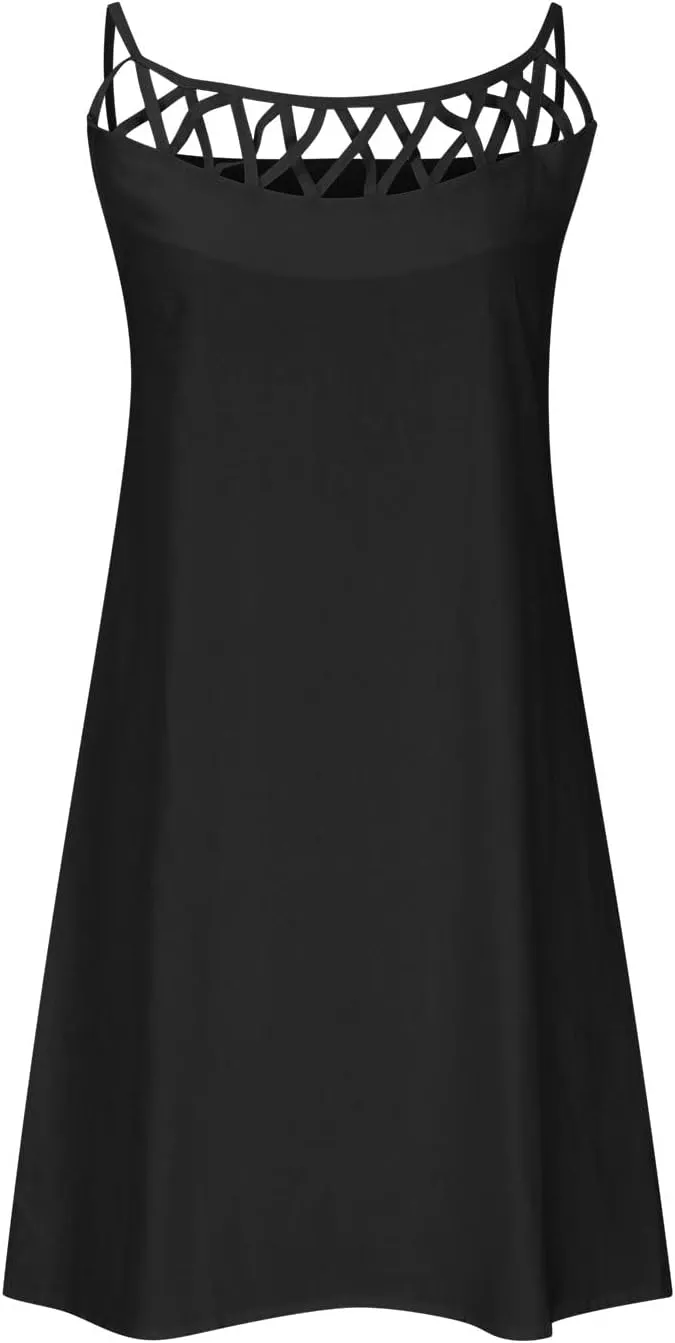 Women's Summer Casual Halter Dress Cotton Linen Dresses Crochet Hollow Out A-line Plain Simple Beach Shift Sundresses