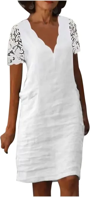 Women's Summer Casual Halter Dress Cotton Linen Dresses Crochet Hollow Out A-line Plain Simple Beach Shift Sundresses