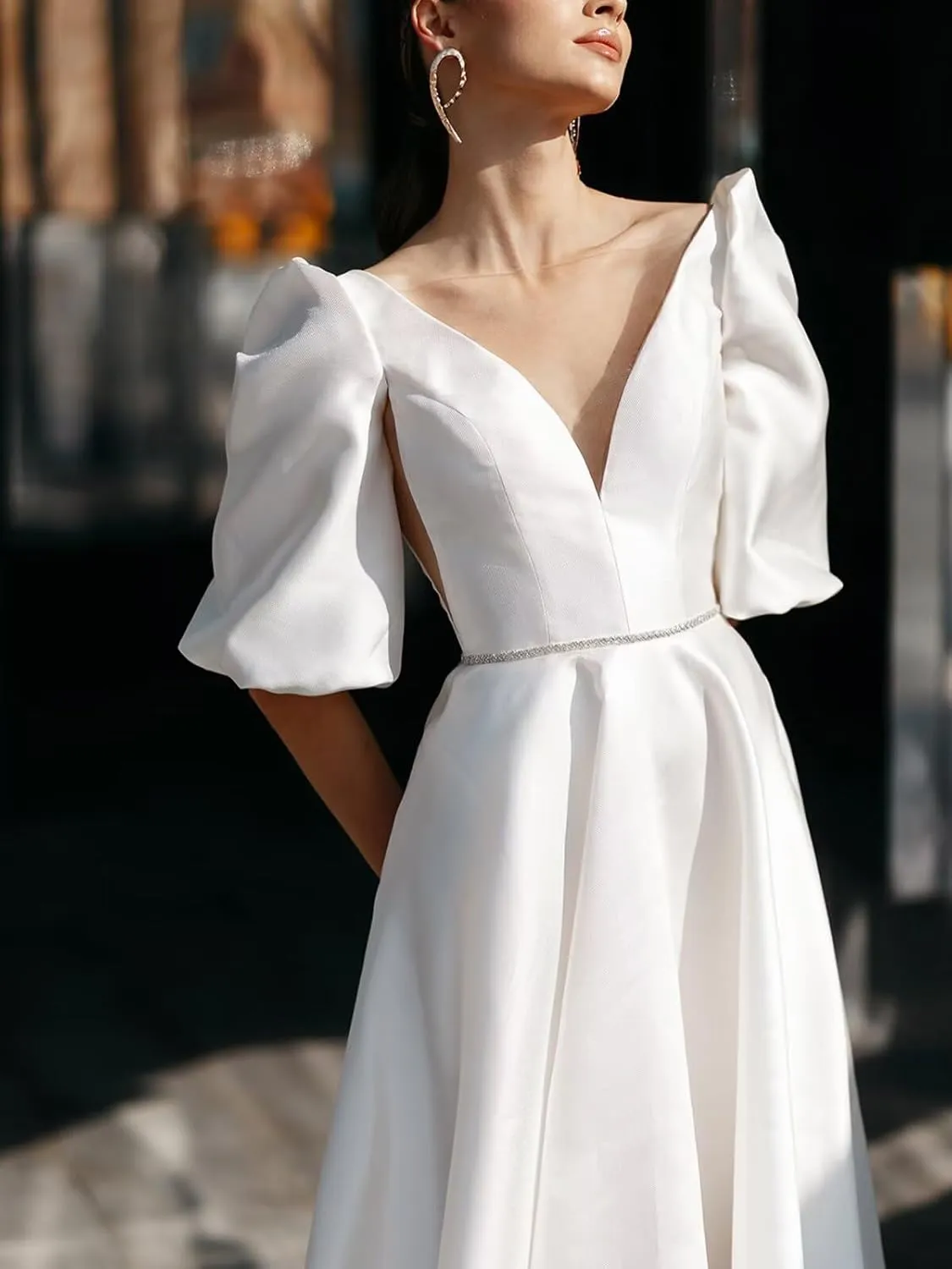 Women's Tea Length Wedding Dresses for Bride Satin Simple A Line Midi Formal Bridal Dress with Sleeves